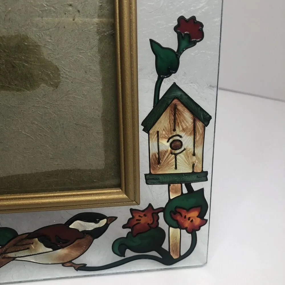 Hand painted Joan Baker Designs glass bird birdhouse picture frame‎